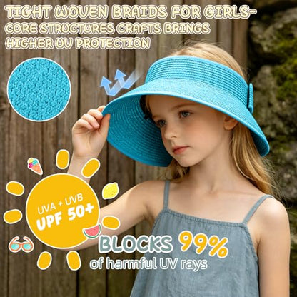 Girls Sun Visor Hat with Ponytail Hole Wide Brim Beach Straw Visor UPF 50+ - color: 1pack-sea Blue