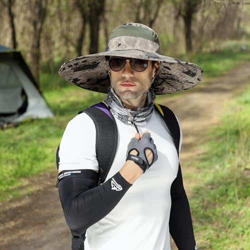 Wide Brim Sun Hat for Men Women UV Protection Bucket Fishing Hats - color: Khaki Ink Wash