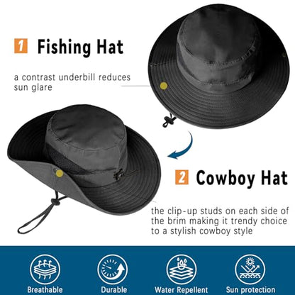 ZOORON Sun Hats for Men Women, Wide Brim Safari Hats UV Protection UPF50+ Waterproof Boonie Hats for Fishing Hiking Camping - color: 1pack-black