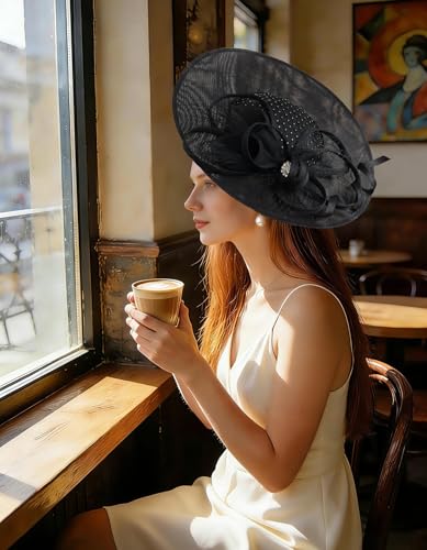 Unpifolov Fascinators Hats Elegant Women Flower Mesh Feathers Wedding Cocktail Bride Headband for Derby Hat Tea Party - color: Black