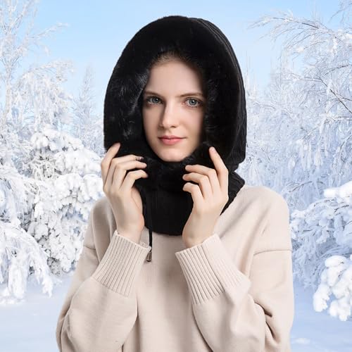 HUAMULAN Women Cable Knit Balaclavas Winter Fleece Lined Beanie Hat - color: Black