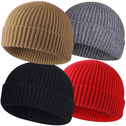 ROYBENS Wool Fisherman Beanies for Men Knit Short Watch Cap Winter Warm Hat - color: 4pcs-black, Gray, Red, Light Coffee