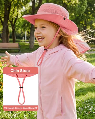 Century Star Kids Sun Hat with Ponytail Hole & Detachable Neck Flap UPF50+ Quick Dry Girls Bucket Hat for Outdoor Beach - color: Watermelon Red