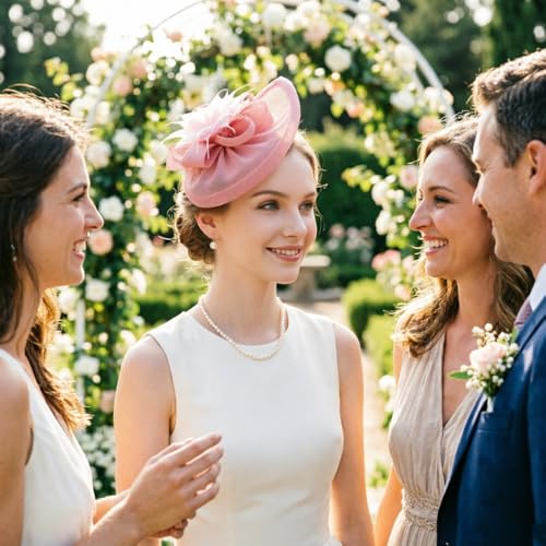 DRESHOW Fascinators Hat Feather Headband Women's Fascinators Tea Party Headwear with Clip Flower Head Band for Girls & Women - color: Medium Size: Nude Pink
