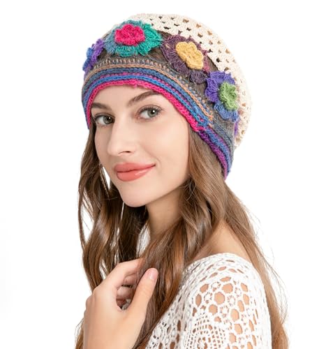 ZLYC Women Cotton Crochet Slouchy Beanie Hat Handmade Knit Summer Skull Cap - color: Colorful Flower Beige