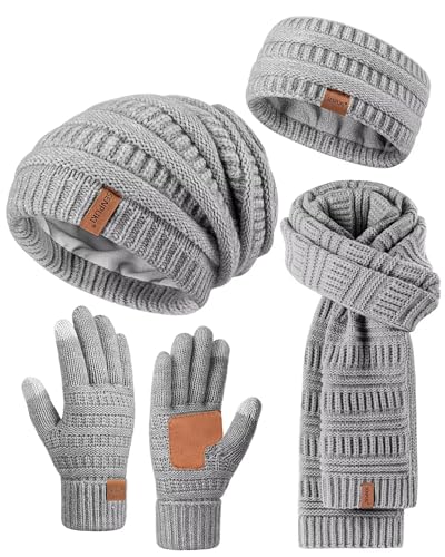 Womens Winter Beanie Hat Scarf Gloves Headband Set, Slouchy Beanie Ear Warmer Knit Scarf Touchscreen Gloves Warm 4 Gift Set - color: Gray
