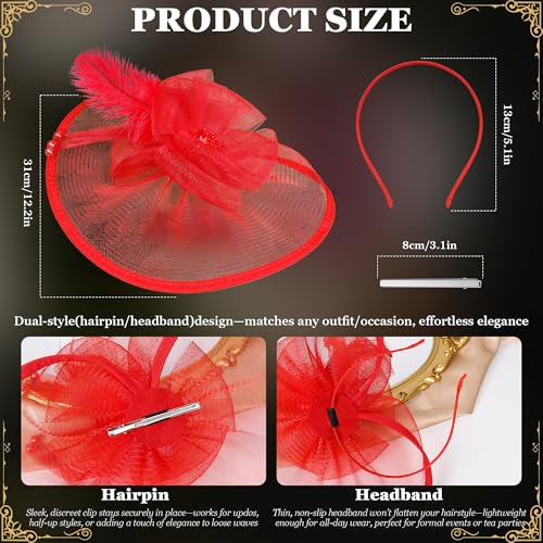 Fascinators Hats for Women Tea Party Hat Vintage Feather Mesh Headband Hair Clip Flower Headwear for Wedding Cocktail Church - color: Red