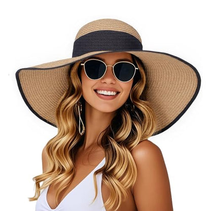 Barelove Sun Straw Hat Wide Brim Shape Hat with UPF 80+, Packable Foldable Floppy Summer Beach Hat for Women Men - color: Khaki - Wide Wrap