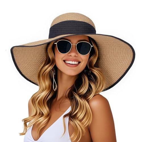 Barelove Sun Straw Hat Wide Brim Shape Hat with UPF 80+, Packable Foldable Floppy Summer Beach Hat for Women Men - color: Khaki - Wide Wrap