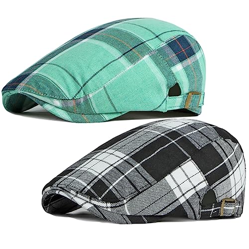 2 Pack Mens Newsboy Flat Cap Plaid Ivy Gatsby Cabbie Driving Golf Hat Beret - color: 2 Pcs Set C