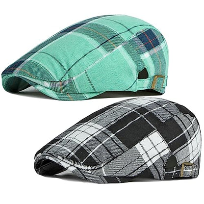 2 Pack Mens Newsboy Flat Cap Plaid Ivy Gatsby Cabbie Driving Golf Hat Beret - color: 2 Pcs Set C