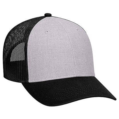 Ashen Fane 6 Panel Blend Twill Structured Low Profile Mesh Back Snapback Trucker Hat - color: Black/Heather Gray/Black