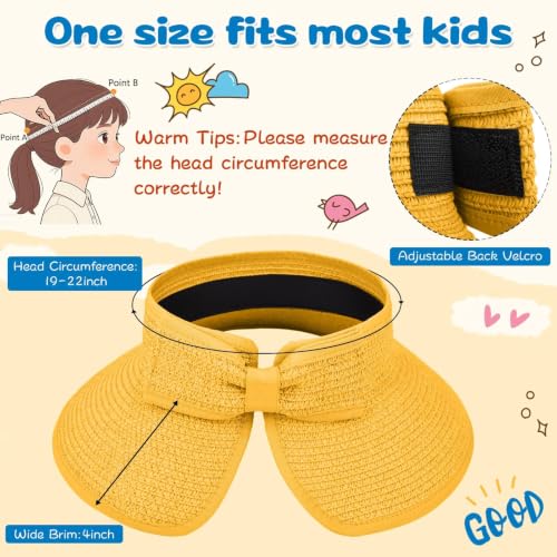 ZOORON Girls Straw Sun Visor Hat, Wide Brim Ponytail Beach Hat with Bow - color: Orange Yellow