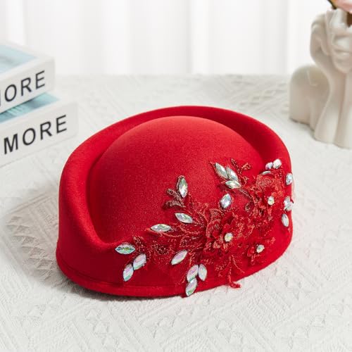 Church Hats for Women, Vintage British Felt Pillbox Diamond Flower Applique Fedoras Fascinator Tea Party Hat