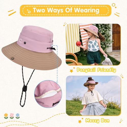 ZOORON Kids UPF 50+ Sun Hat for Boys Girls Wide Brim Lightweight Bucket Hat for Hiking Beach Safari, Quick Dry Adjustable - color: 1pack-coffee Pink