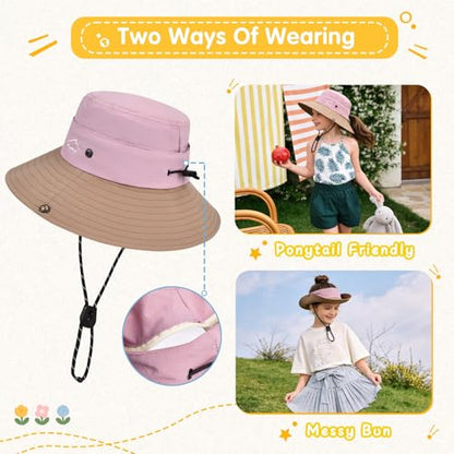 ZOORON Kids UPF 50+ Sun Hat for Boys Girls Wide Brim Lightweight Bucket Hat for Hiking Beach Safari, Quick Dry Adjustable - color: 1pack-coffee Pink