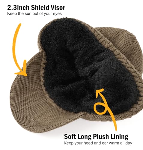 Wmcaps Winter Beanie with Brim & Ear Flaps, Fleece Lined Hat for Men Women - color: Brown