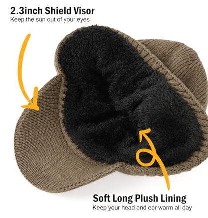 Wmcaps Winter Beanie with Brim & Ear Flaps, Fleece Lined Hat for Men Women - color: Brown