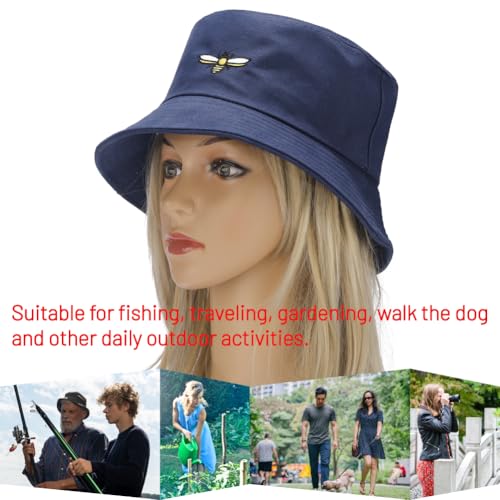 Cotton Bucket Hat for Women Men Summer Travel Sun Beach Bucket Cap, Unisex Outdoor Fisherman Hat - color: Bee Navy Blue