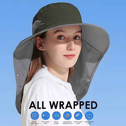 Outdoor Sun Hat Detachable Neck Face Flap UPF 50+UV Protection Visor Fishing Hats with Neck Flap for Men & Women - color: Green