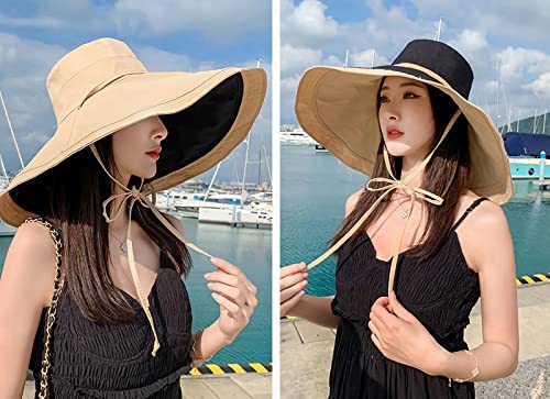 HUAMULAN Women Summer Vacation Wide Brim Sun Hat Reversible Fishing Hats - color: Ag3652-kakhiblack