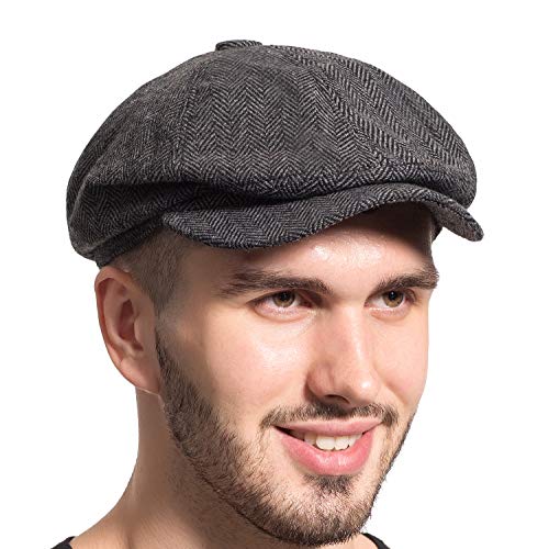 Gatsby Newsboy Hat Men Women Classic Herringbone 8 Panel Trendy Tweeb Flat Cap - color: C Dark Gray