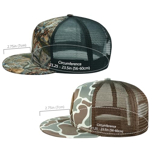 BASSDASH 2 Pack Flat Brim Trucker Cap Adjustable Snapback Hat Mesh Back for Men Women Fishing Hunting - color: Autumn Forest & Color Block Camo