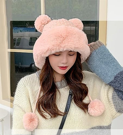 Winter Pompom Beanie Hats Women Knit Womens Beanie Faux Fur Crochet Skull Cap Warm Bucket Outdoor Ear Cover - color: Pink