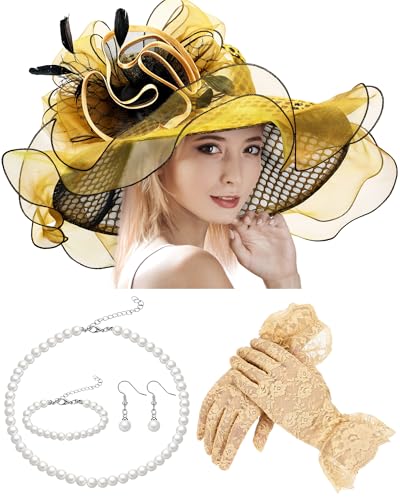 Derby Hat for Women 2026 Wide Brim Organza Sun Church Hat Set Feather Floral Fascinator for Tea Party Wedding Derby - color: Yellow