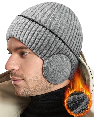 BEACE Winter Fleece Line Beanie Knit Hats with Ear Flaps for Men Women,Warm Thermal Stocking Caps for Outdoor Cold Weather - color: Lightgray