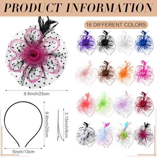 Tarpop 16 Pcs Fascinators Hat Tea Party for Women Flower Mesh Fascinators Hat Wedding Feather Headband Cocktail Hair Clip - color: Mixed Colors, style: Retro