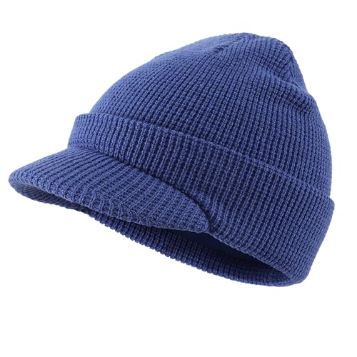 Home Prefer Mens Wool Blend Winter Hat Double-Layer Warm Knit Pre-Curve Visor Beanie Brimmed Beanies Hat for Men Women - color: Bright Blue