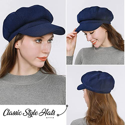 Women’s Newsboy Cap Wool Blend Retro Solid Color Girls Fashion Gatsby Cabbie Visor Beret Hat - color: Navy