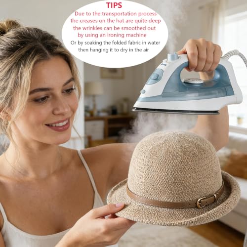 Women Beach Cloche Sun Bucket Hat Rolled Church Hat Folded Shipping - color: Belt/Khaki