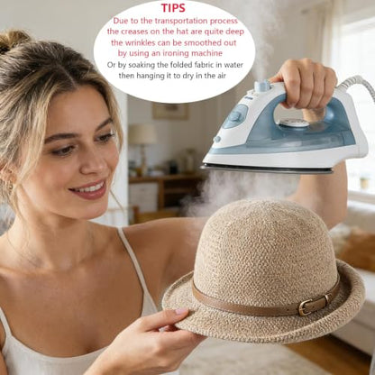 Women Beach Cloche Sun Bucket Hat Rolled Church Hat Folded Shipping - color: Belt/Khaki