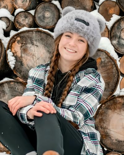Cute Fuzzy Bear Ears Beanie Hat with Pompom Women's Furry Beanie - color: Grey
