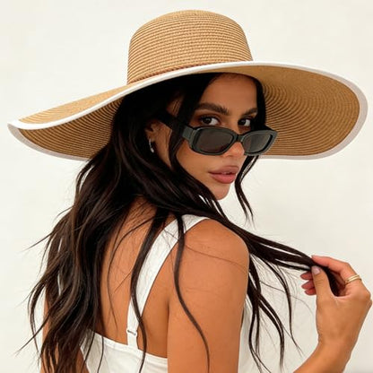 DRESHOW Big Straw Sun Hats for Women Floppy Foldable Roll up Beach Cap Sun Hat UPF 50+ Vacation Honeymoon Embroidered Hat - color: A Khaki 5.9" Brim