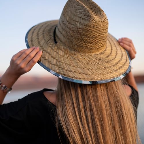 Women's Wide Brim Straw Sun Hat for Beach, Lifeguard Style, Hand-Woven Rush & Mat, Adjustable Chin Drawstring - color: The Nora