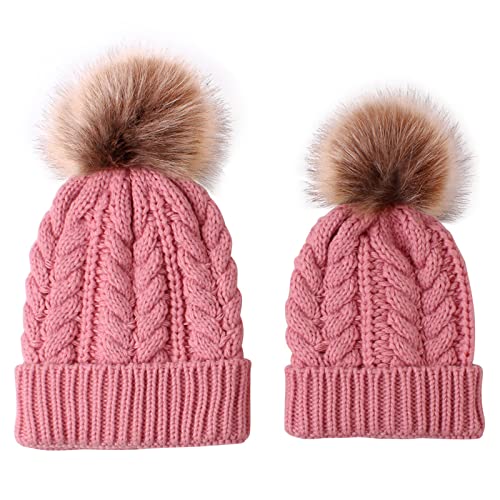 2PCS Parent-Child Knit Hat Family Matching Winter Warmer Hat Mother & Baby Crochet Beanie Ski Cap with Pom - color: Pink