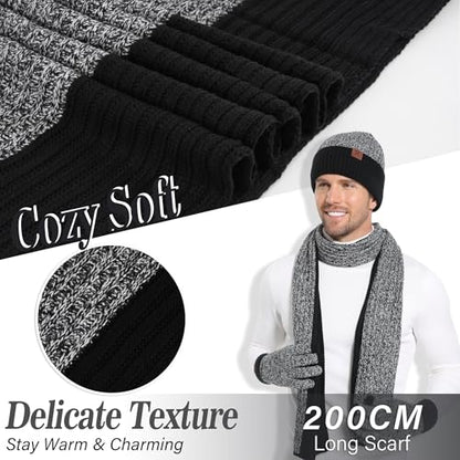 FZ FANTASTIC ZONE Mens Winter Beanie Hat and Scarf Touchscreen Gloves Sets - color: Black & White