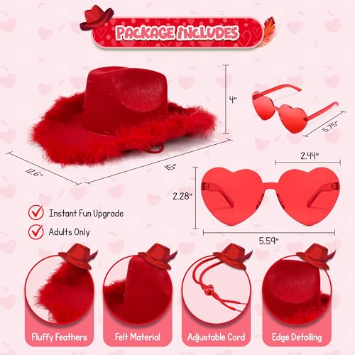4E's Novelty Cowboy Hat with feathers With Heart Shaped Sunglasses for Women, Felt Cowgirl Hat for Party Costume Dress Up - color: Red