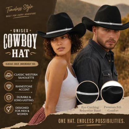 Dicunoy 2 PCS Black Cowboy Hats, Western Cowgirl Hat Glitter for Women Men