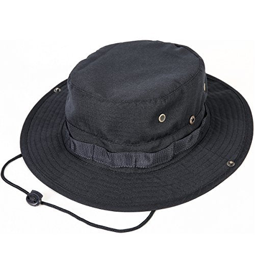 Wide Brim Boonie Hat, Men & Women Top Camo Bucket Hats for Safari Military Beach - color: Black