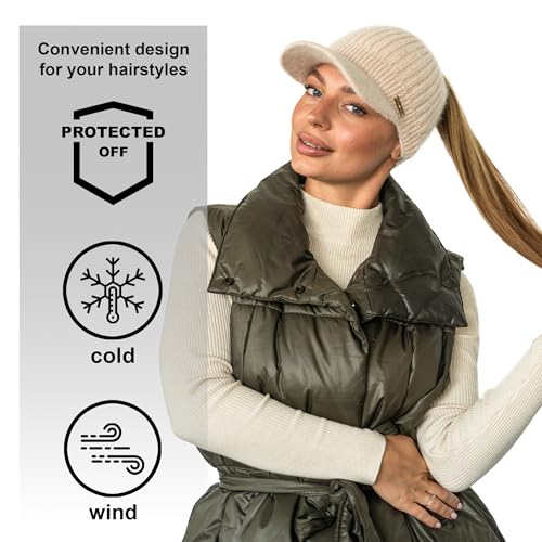 Beanie Visor - Womens Winter Wool Knit Hat with Brim - Billed Knit Cap Newsboy Hats - color: Ponytail Beige