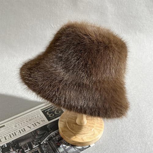 Women's Oversized Faux Fur Bucket Hat, Fluffy Plush Winter Hat, Solid Color - color: Deep Brown