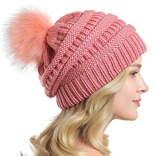 Women Knit Slouchy Beanie Chunky Baggy Hat with Faux Fur Pompom Winter Soft Warm Ski Cap - color: B9-single Pink