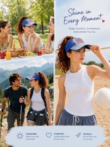 Women Shiny Rhinestone Bling Sun Visor Adjustable Tennis Beach Ponytail Hat - color: Blue-usaflag