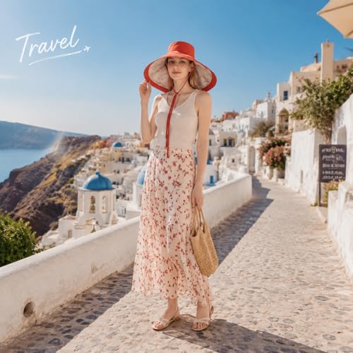 Wide Brim Sun Hat for Women Reversible Beach Hats Metal Wired Edge Gardening Hats, UPF 50+ Bucket Summer Hat - color: Orange Floral