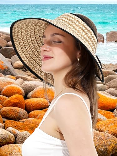 sy soul young Women's Straw Hat with Ponytail Hole Wide Brim Visor Sunhat - color: Black & Beige