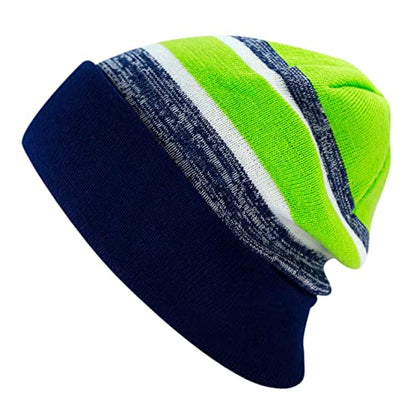 Winter Knit Beanie Hat with Pom Pom – Warm Cuffed Slouch Ski Cap for Men & Women - color: 2.navy and Lime